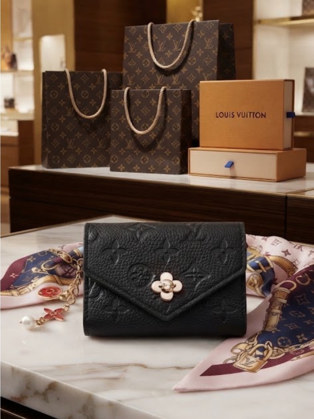 Black Embossed short Wallet with Gold Floral Accent